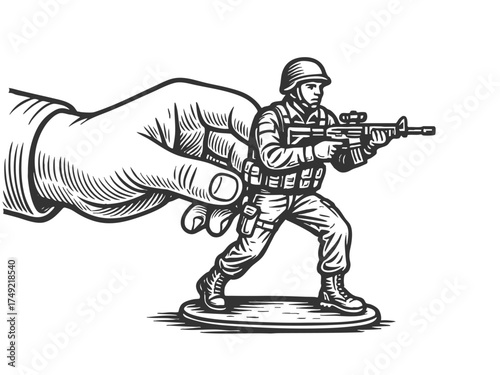 child hand holding a toy soldier figurine with a rifle, play, childhood creativity sketch engraving generative ai fictional character vector illustration. Scratch board imitation. Black and white.