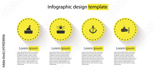 Set Bottle with message in water, Lighthouse, Anchor and Submarine. Business infographic template. Vector