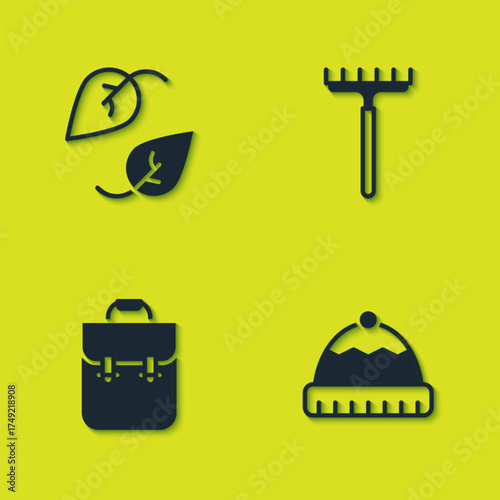 Set Leaf, Winter hat, School backpack and Garden rake icon. Vector