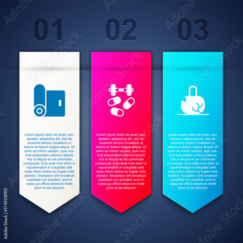 Set Fitness mat roll, Sports doping with dumbbell and Broken weight. Business infographic template. Vector