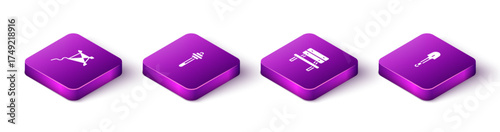 Set Isometric Kite, Honey dipper stick, Bench and Shovel icon. Vector