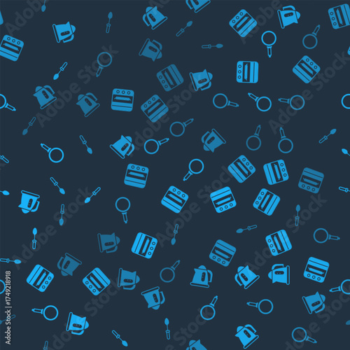 Set Electric kettle, Oven, Frying pan and Teaspoon on seamless pattern. Vector