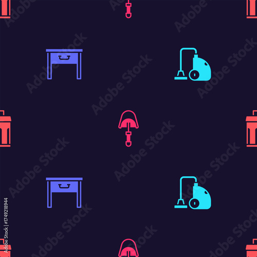 Set Vacuum cleaner, Furniture nightstand, Spatula and Trash can on seamless pattern. Vector