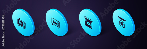 Set Isometric Scales, Cooking live streaming, Microwave oven and icon. Vector