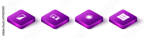 Set Isometric Smartphone, mobile phone, Microwave oven, Sun and Furniture nightstand icon. Vector