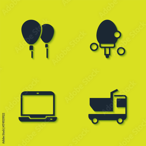 Set Balloons, Toy truck, Laptop and Racket icon. Vector