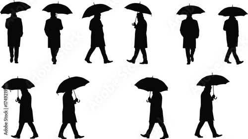 Silhouette people walking with umbrellas, rainy weather scene, black and white vector illustration, urban lifestyle concept, isolated elegant design art.
