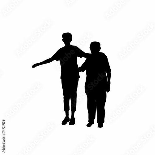 Silhouette of therapist guiding elderly patient in physical exercise isolated on white background