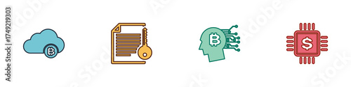 Set Cryptocurrency cloud mining, Smart contract, Bitcoin think and Processor chip with dollar icon. Vector