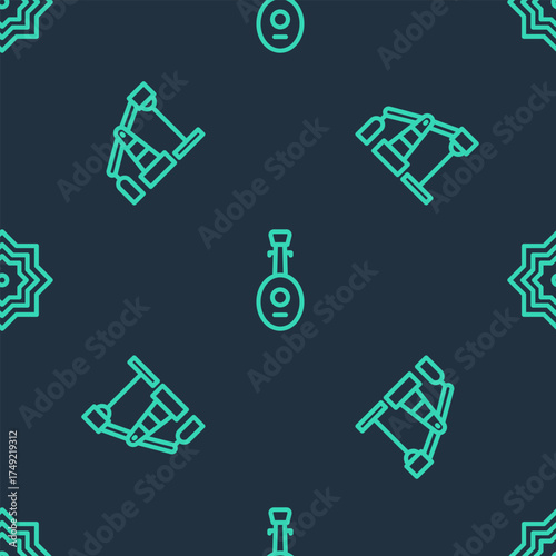 Set line Lute, Oil pump or pump jack and Octagonal star on seamless pattern. Vector