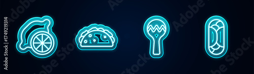 Set line Lemon, Taco with tortilla, Maracas and Burrito. Glowing neon icon. Vector