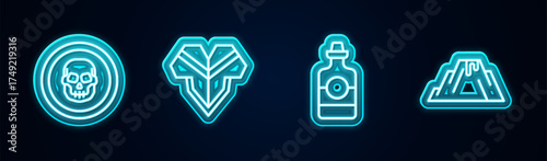 Set line Mexican skull coin, Poncho, Tequila bottle and Volcano eruption with lava. Glowing neon icon. Vector