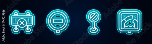 Set line Road barrier, Stop sign, and Drawbridge ahead. Glowing neon icon. Vector