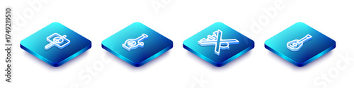 Set Isometric line Peace, Bong, No war and Guitar icon. Vector