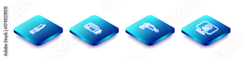Set Isometric line Diving knife, Flashlight for diver, Fishing harpoon and Scallop sea shell icon. Vector