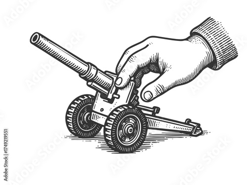 hand manipulating a small toy cannon sketch engraving generative ai fictional character vector illustration. Scratch board imitation. Black and white image.