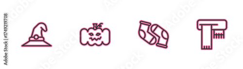 Set line Witch hat, Socks, Pumpkin and Winter scarf icon. Vector