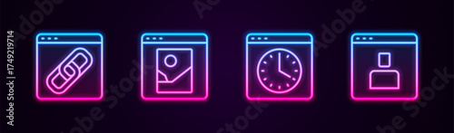 Set line Browser window, Photo retouching, and Create account screen. Glowing neon icon. Vector