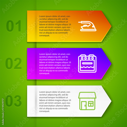Set line Electric iron, Oven and House. Business infographic template. Vector