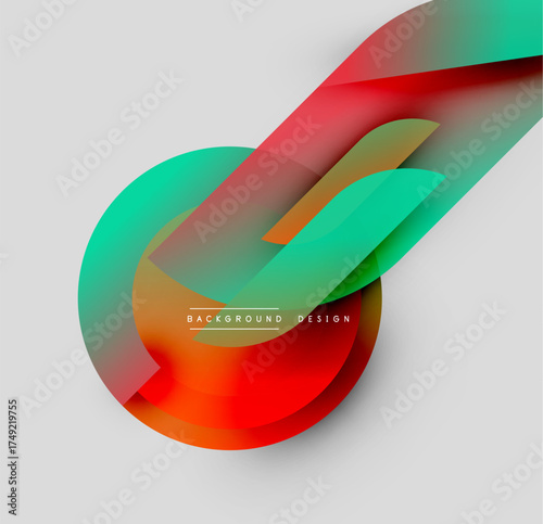 Abstract colorful layers create dynamic flow. Gradient shades blend, forming modern design element. Minimal text present.