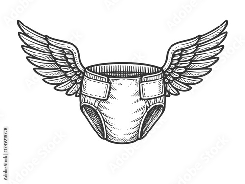 baby diaper with wings, symbolizing speed, freedom, or humorous parenting sketch engraving generative ai vector illustration. Scratch board imitation. Black and white image.