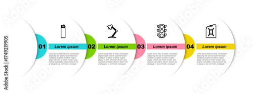 Set line Lighter, Table lamp, Traffic light and Canister for gasoline. Business infographic template. Vector