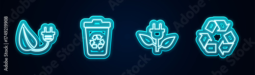 Set line Electric saving plug in leaf, Recycle bin with recycle, and symbol. Glowing neon icon. Vector