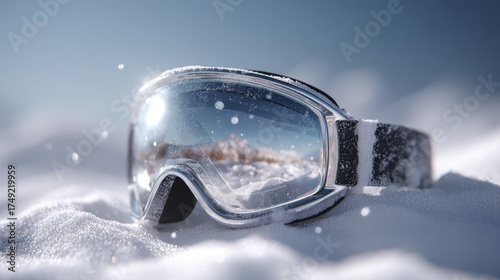 Close-up of ski goggles resting on fresh snow, reflecting a bright winter landscape with a vibrant blue sky.
