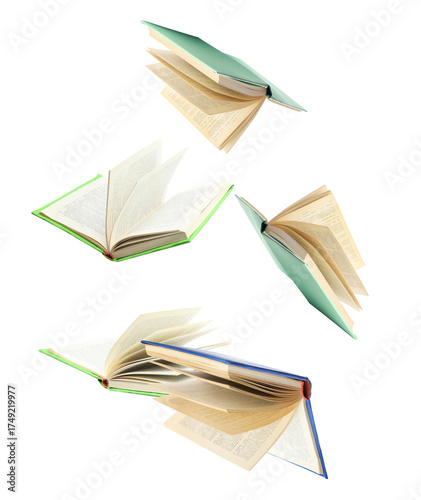 dynamic photograph of open books with various colored covers suspended in mid-air, symbolizing concepts of education, knowledge transfer, literature, and rigorous academic study.
