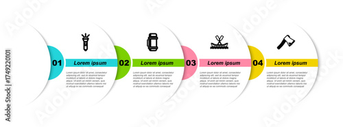 Set line Flashlight, Thermos container, Rafting boat and Old wooden axe. Business infographic template. Vector