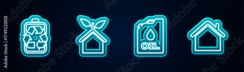 Set line Battery with recycle, Eco friendly house, Canister machine oil and House. Glowing neon icon. Vector