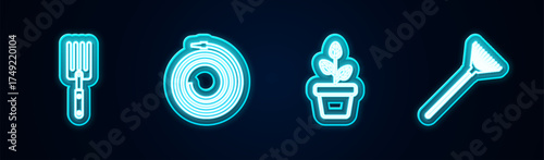 Set line Garden fork, hose fire hose, Flowers in pot and rake leaves. Glowing neon icon. Vector