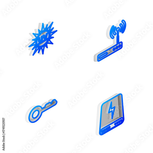 Set Isometric line Router and wi-fi, UV protection, Key and Power bank icon. Vector