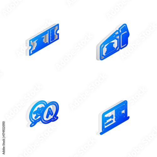Set Isometric line Museum ticket, , Translator and Online hotel booking icon. Vector