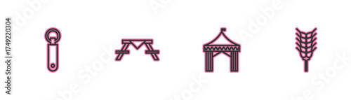 Set line Bottle opener, Camping tent, Picnic table with benches and Wheat icon. Vector
