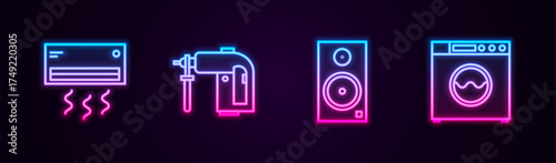 Set line Air conditioner, Rotary hammer drill machine, Stereo speaker and Washer. Glowing neon icon. Vector