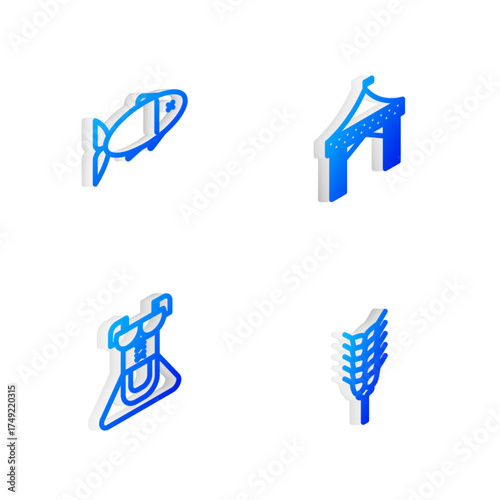 Set Isometric line Camping tent, Fish, Costume for women dirndl and Wheat icon. Vector