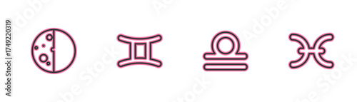 Set line Eclipse of the sun, Libra zodiac, Gemini and Pisces icon. Vector