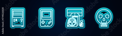 Set line Computer, Portable video game console, Racing simulator cockpit and Skull. Glowing neon icon. Vector