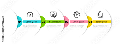 Set line Speedometer, Oil filler cap at gas station, and Gear shifter. Business infographic template. Vector