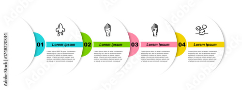 Set line Runny nose, Hand with psoriasis or eczema, and Dust. Business infographic template. Vector