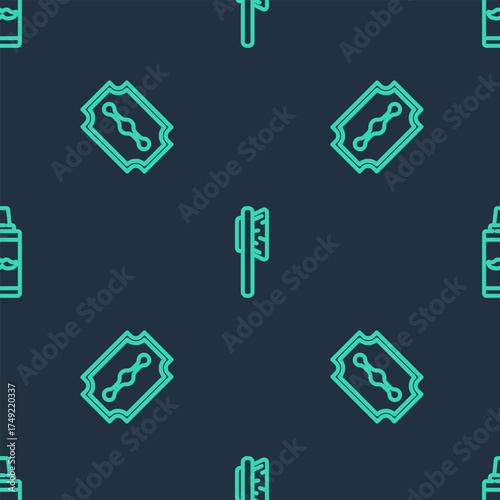 Set line Hairbrush, Blade razor and Shaving gel foam on seamless pattern. Vector