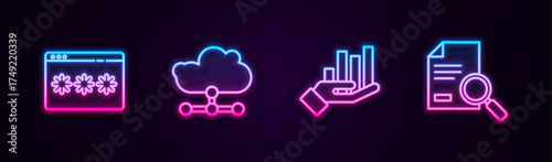 Set line Password protection, Network cloud connection, Pie chart infographic and Document with search. Glowing neon icon. Vector