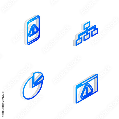Set Isometric line Hierarchy organogram chart, Mobile with exclamation mark, Pie infographic and Browser icon. Vector
