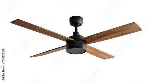 Ceiling Fan with Wooden Blades: A modern ceiling fan hangs from the ceiling, featuring a sleek black motor and stylish wooden blades. A blend of form and function for efficient air circulation.