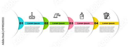Set line Mop, Water tap, Fabric softener and Trash can and garbage bag. Business infographic template. Vector