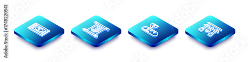Set Isometric line Traditional carpet, Decree, paper, parchment, scroll, First communion symbols and Japan Gate icon. Vector