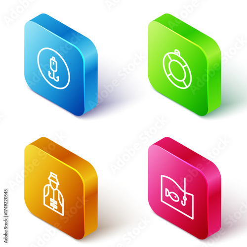 Set Isometric line Fishing hook, Lifebuoy, Fisherman and with fish icon. Vector