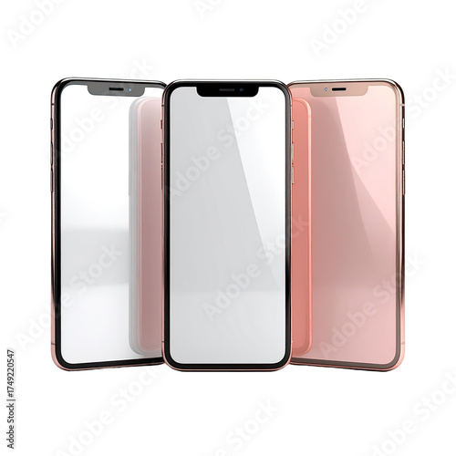 Three rose gold smartphones with blank white screens against a black background