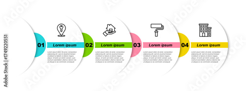 Set line Location key, Realtor, Paint roller brush and House. Business infographic template. Vector